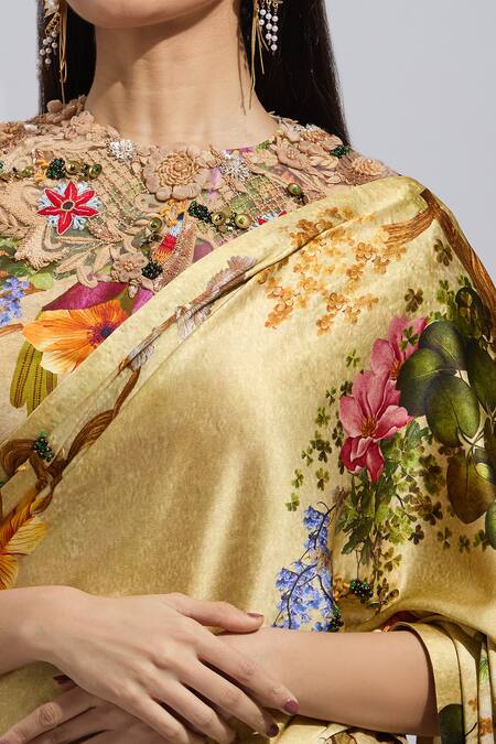 Buy Anamika Khanna Beige Polyester, Silk Beads, Sequins, Embroidery Botanical Print Saree And Blouse Buy_Anamika Khanna_Beige Polyester, Silk Beads, Sequins, Embroidery Botanical Print Saree And Blouse