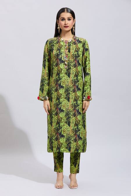 Anamika Khanna Green Cotton Beads, Sequins Round Neck Abstract Print Kurta Set Online at Aza Fashions Anamika Khanna_Green Cotton Beads, Sequins Round Neck Abstract Print Kurta Set _Online_at_Aza_Fashions