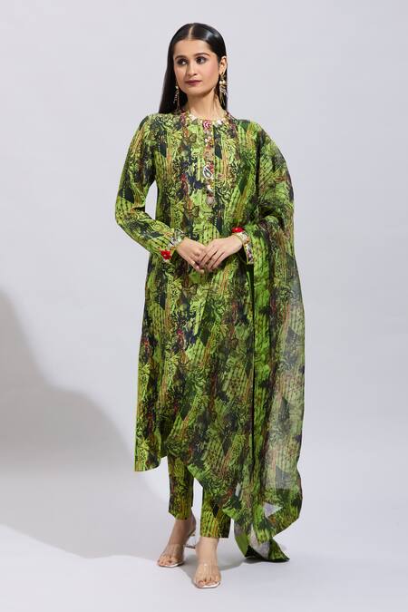 Buy Anamika Khanna Green Cotton Beads, Sequins Round Neck Abstract Print Kurta Set Online at Aza Fashions Buy_Anamika Khanna_Green Cotton Beads, Sequins Round Neck Abstract Print Kurta Set _Online_at_Aza_Fashions