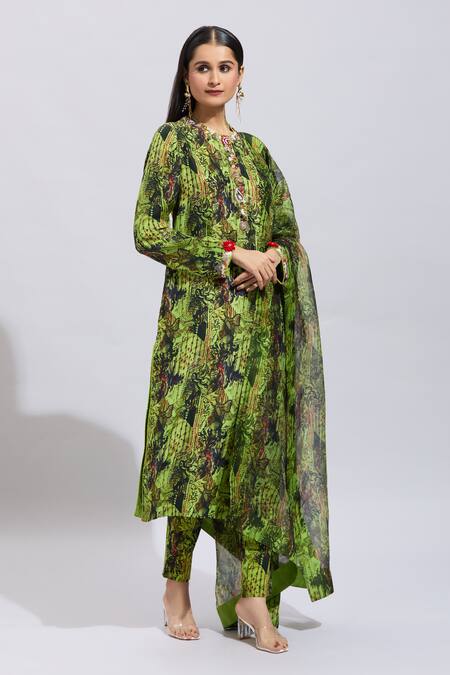 Shop Anamika Khanna Green Cotton Beads, Sequins Round Neck Abstract Print Kurta Set Online at Aza Fashions Shop_Anamika Khanna_Green Cotton Beads, Sequins Round Neck Abstract Print Kurta Set _Online_at_Aza_Fashions