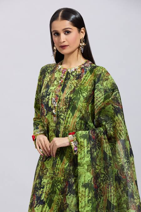Buy Anamika Khanna Green Cotton Beads, Sequins Round Neck Abstract Print Kurta Set Buy_Anamika Khanna_Green Cotton Beads, Sequins Round Neck Abstract Print Kurta Set