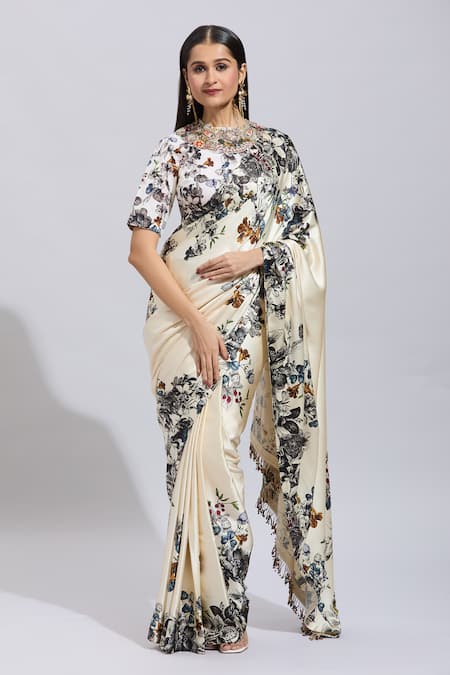 Anamika Khanna_Off White Beads, Embroidery, Sequins High Neck Floral Pallu Saree Set _Online_at_Aza_Fashions