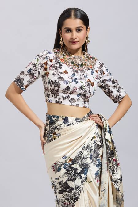 Shop_Anamika Khanna_Off White Beads, Embroidery, Sequins High Neck Floral Pallu Saree Set _Online_at_Aza_Fashions