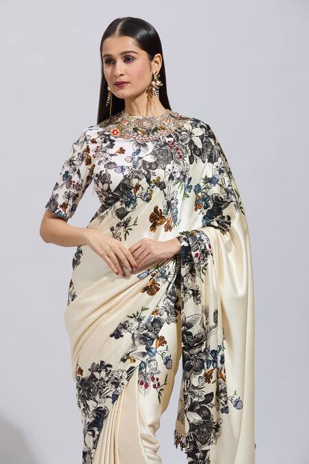 Anamika Khanna_Off White Beads, Embroidery, Sequins High Neck Floral Pallu Saree Set _at_Aza_Fashions