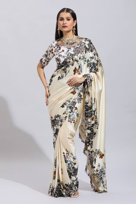 Buy_Anamika Khanna_Off White Beads, Embroidery, Sequins High Neck Floral Pallu Saree Set 