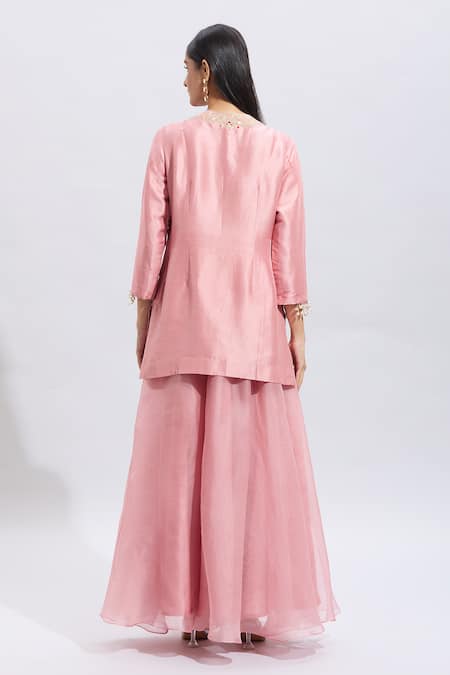 Shop Prisho Pink Silk Pearls, Sequins Round Floral Paisley Embroidered Kurta Sharara Set at Aza Fashions Shop_Prisho_Pink Silk Pearls, Sequins Round Floral Paisley Embroidered Kurta Sharara Set _at_Aza_Fashions