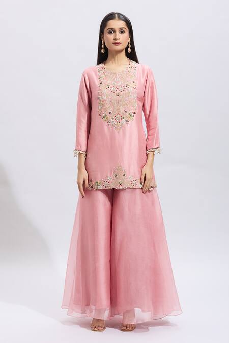 Prisho Pink Silk Pearls, Sequins Round Floral Paisley Embroidered Kurta Sharara Set Online at Aza Fashions Prisho_Pink Silk Pearls, Sequins Round Floral Paisley Embroidered Kurta Sharara Set _Online_at_Aza_Fashions
