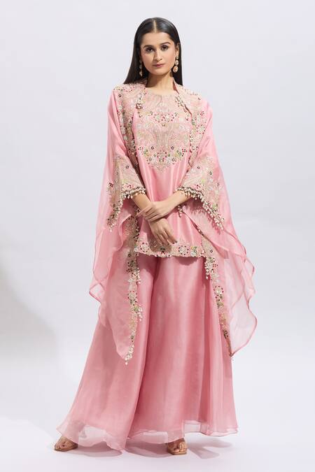 Prisho Pink Silk Pearls, Sequins Round Floral Paisley Embroidered Kurta Sharara Set at Aza Fashions Prisho_Pink Silk Pearls, Sequins Round Floral Paisley Embroidered Kurta Sharara Set _at_Aza_Fashions