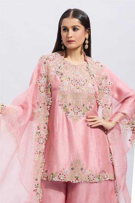 Buy Prisho Pink Silk Pearls, Sequins Round Floral Paisley Embroidered Kurta Sharara Set Buy_Prisho_Pink Silk Pearls, Sequins Round Floral Paisley Embroidered Kurta Sharara Set