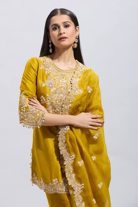 Prisho Yellow Silk Pearls, Sequins, Applique Mustard Resham Lampi Embroidered Kurta Set Online at Aza Fashions Prisho_Yellow Silk Pearls, Sequins, Applique Mustard Resham Lampi Embroidered Kurta Set _Online_at_Aza_Fashions