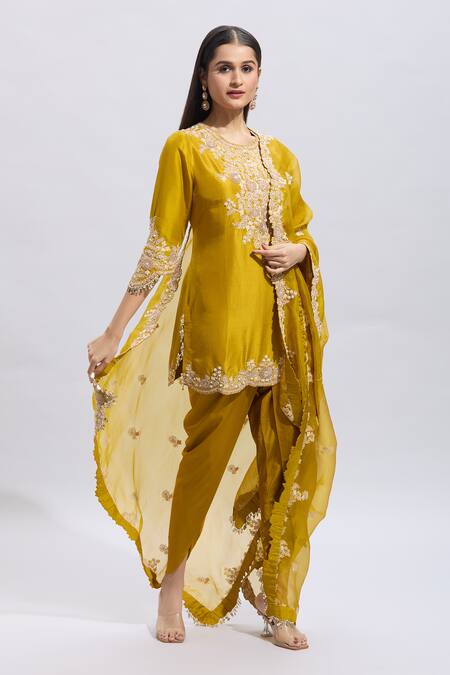 Buy Prisho Yellow Silk Pearls, Sequins, Applique Mustard Resham Lampi Embroidered Kurta Set Online at Aza Fashions Buy_Prisho_Yellow Silk Pearls, Sequins, Applique Mustard Resham Lampi Embroidered Kurta Set _Online_at_Aza_Fashions