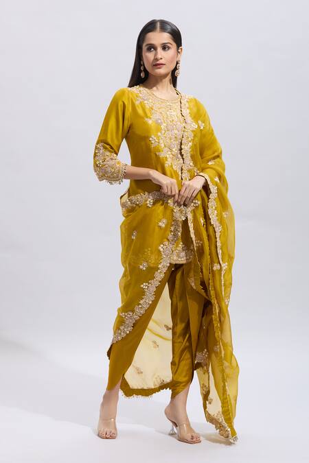 Shop Prisho Yellow Silk Pearls, Sequins, Applique Mustard Resham Lampi Embroidered Kurta Set Online at Aza Fashions Shop_Prisho_Yellow Silk Pearls, Sequins, Applique Mustard Resham Lampi Embroidered Kurta Set _Online_at_Aza_Fashions