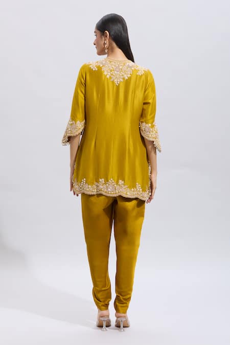 Shop Prisho Yellow Silk Pearls, Sequins, Applique Mustard Resham Lampi Embroidered Kurta Set at Aza Fashions Shop_Prisho_Yellow Silk Pearls, Sequins, Applique Mustard Resham Lampi Embroidered Kurta Set _at_Aza_Fashions