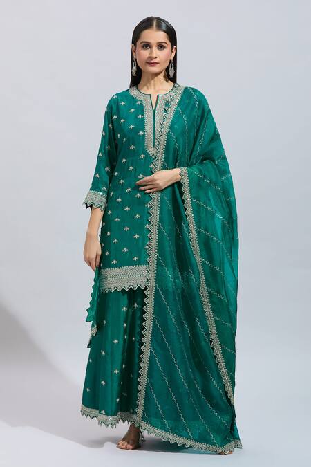 Anushree Reddy_Green Silk Zari, Pearls Round Neck Zardozi Embroidered Kurta And Palazzo Set _Online_at_Aza_Fashions