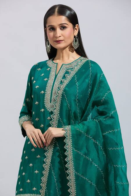 Shop_Anushree Reddy_Green Silk Zari, Pearls Round Neck Zardozi Embroidered Kurta And Palazzo Set _Online_at_Aza_Fashions