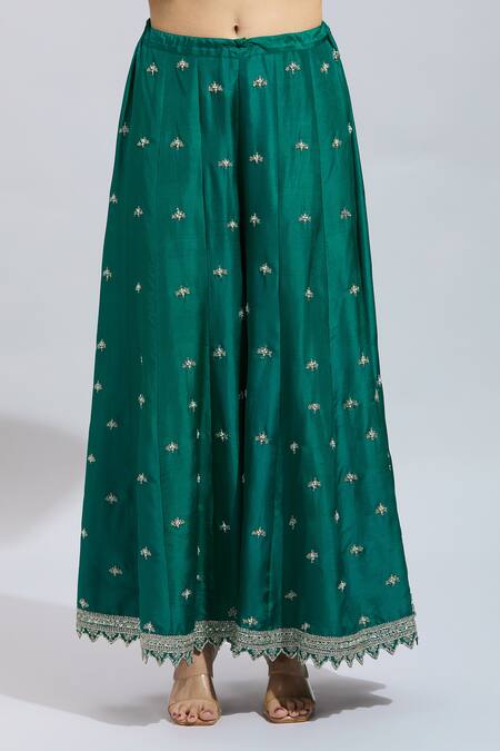 Buy_Anushree Reddy_Green Silk Zari, Pearls Round Neck Zardozi Embroidered Kurta And Palazzo Set 