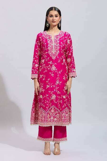 Shop Anushree Reddy Pink Embroidery Round Neck Hot Aari Kurta Set Online at Aza Fashions Shop_Anushree Reddy_Pink Embroidery Round Neck Hot Aari Kurta Set _Online_at_Aza_Fashions