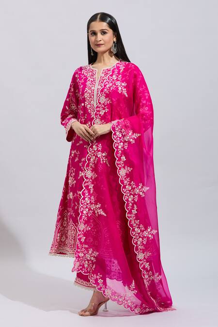 Buy Anushree Reddy Pink Embroidery Round Neck Hot Aari Kurta Set Buy_Anushree Reddy_Pink Embroidery Round Neck Hot Aari Kurta Set