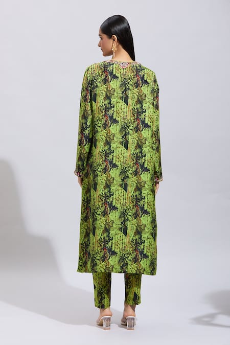 Shop Anamika Khanna Green Cotton Beads, Sequins Round Neck Abstract Print Kurta Set at Aza Fashions Shop_Anamika Khanna_Green Cotton Beads, Sequins Round Neck Abstract Print Kurta Set _at_Aza_Fashions