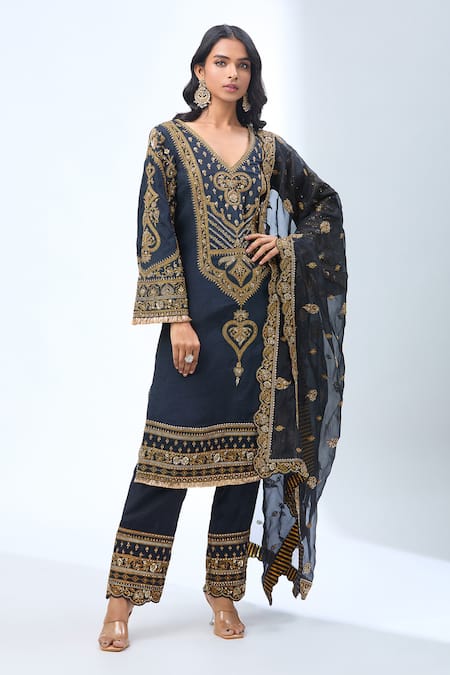 Buy_Torani_Blue Cotton, Chiffon, Georgette Embroidery, Sequins, Navy Zardozi Kurta Set 