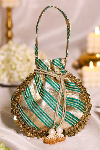 5elements_Green Sequins, Metallic Thread Striped Potli _Online_at_Aza_Fashions