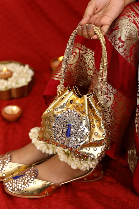 Buy_5elements_Gold Mirrors, Sequins, Beads, Embroidery Peacock Potli _Online_at_Aza_Fashions