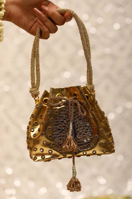 Shop_5elements_Gold Mirrors, Sequins, Beads, Embroidery Peacock Potli _Online_at_Aza_Fashions