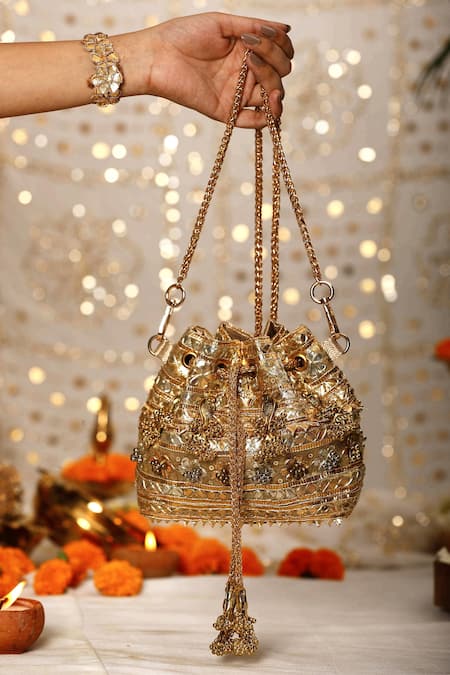 5elements_Gold Gota Patti, Sequins, Metallic Thread Embellished Potli _Online_at_Aza_Fashions