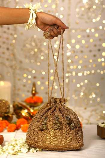 5elements_Gold Metallic Thread Zari Crochet Potli Bag _Online_at_Aza_Fashions