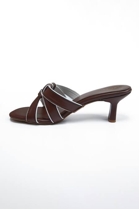 SCHON ZAPATO Brown Embroidery Twister Heels With Knot Detail Online at Aza Fashions SCHON ZAPATO_Brown Embroidery Twister Heels With Knot Detail _Online_at_Aza_Fashions