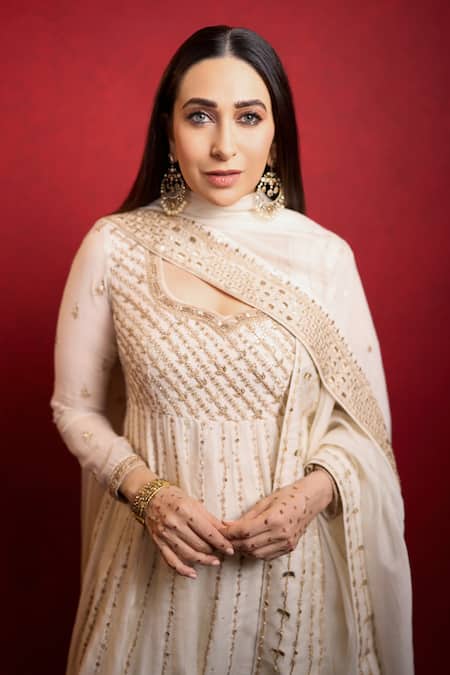 Punit Balana_Off White Chanderi, Cotton, Lycra Sequins, Embroidery, Anarkali Set With Dupatta _Online_at_Aza_Fashions