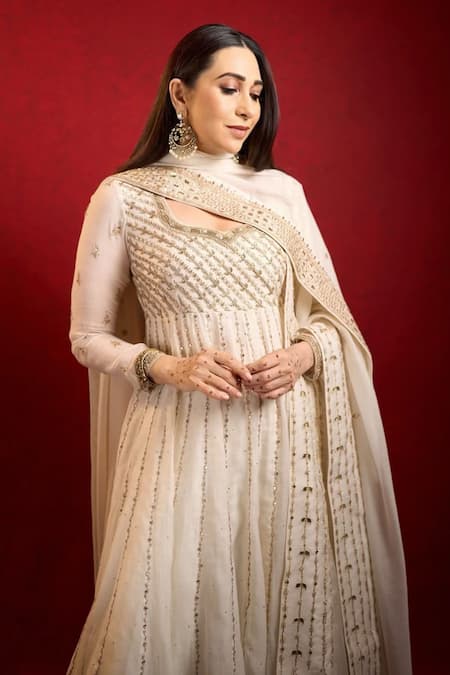 Buy_Punit Balana_Off White Chanderi, Cotton, Lycra Sequins, Embroidery, Anarkali Set With Dupatta _Online_at_Aza_Fashions