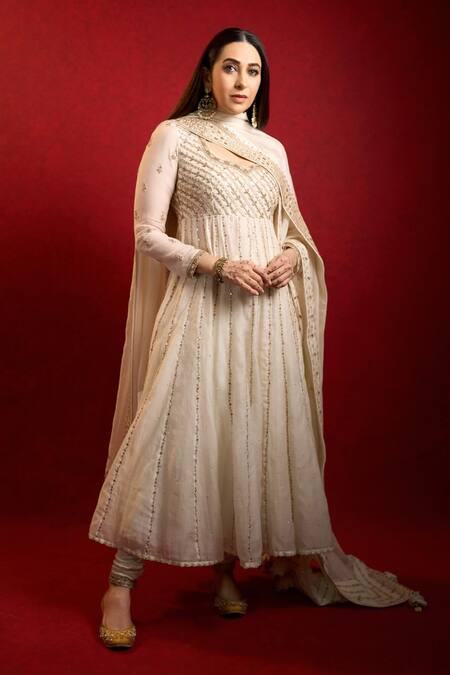 Shop_Punit Balana_Off White Chanderi, Cotton, Lycra Sequins, Embroidery, Anarkali Set With Dupatta _Online_at_Aza_Fashions