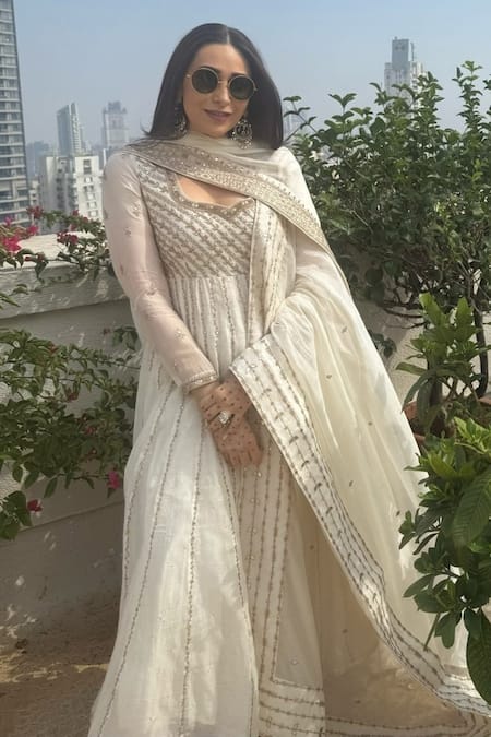 Punit Balana_Off White Chanderi, Cotton, Lycra Sequins, Embroidery, Anarkali Set With Dupatta _at_Aza_Fashions