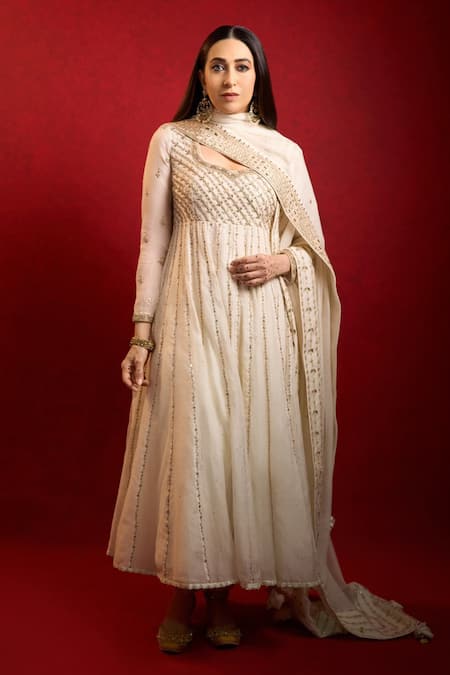 Buy_Punit Balana_Off White Chanderi, Cotton, Lycra Sequins, Embroidery, Anarkali Set With Dupatta 