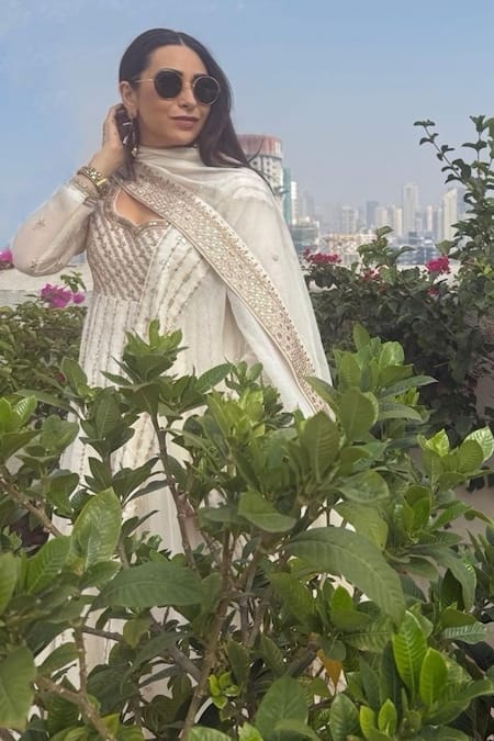 Shop_Punit Balana_Off White Chanderi, Cotton, Lycra Sequins, Embroidery, Anarkali Set With Dupatta 