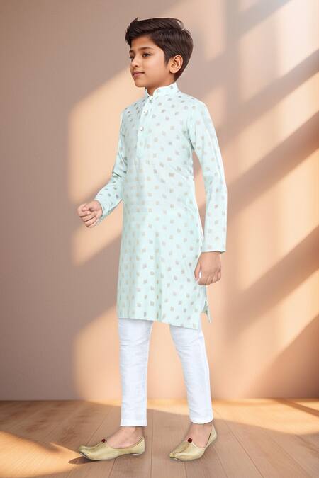 Petite Pomme Green Brocade, Silk Embroidery Leaf Motif Woven Kurta And Pant Set Online at Aza Fashions Petite Pomme_Green Brocade, Silk Embroidery Leaf Motif Woven Kurta And Pant Set_Online_at_Aza_Fashions