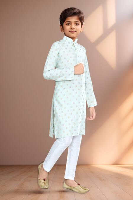 Shop Petite Pomme Green Brocade, Silk Embroidery Leaf Motif Woven Kurta And Pant Set Online at Aza Fashions Shop_Petite Pomme_Green Brocade, Silk Embroidery Leaf Motif Woven Kurta And Pant Set_Online_at_Aza_Fashions