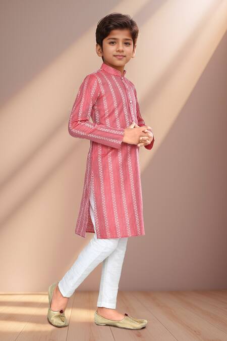 Petite Pomme_Red Brocade, Chanderi Floral Woven Kurta With Pant_Online_at_Aza_Fashions