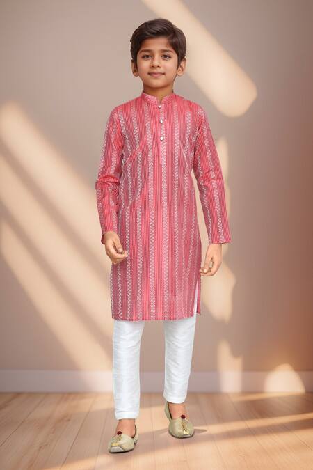Petite Pomme_Red Brocade, Chanderi Floral Woven Kurta With Pant_at_Aza_Fashions