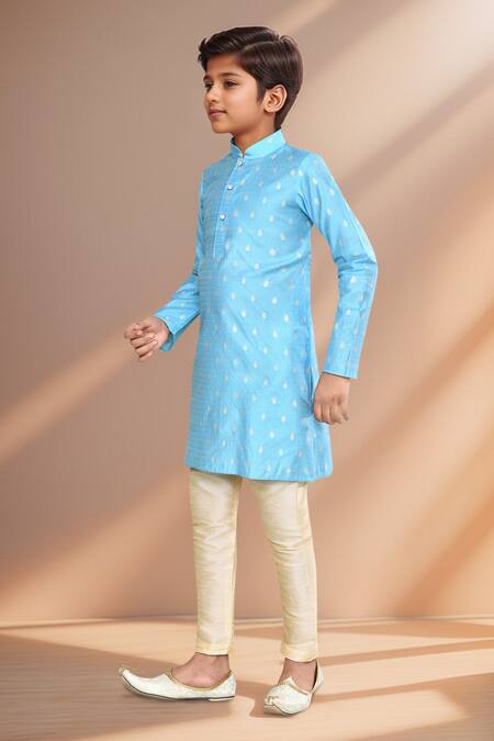 Buy_Petite Pomme_Blue Brocade, Silk Fallen Leaf Motif Kurta Set_Online_at_Aza_Fashions