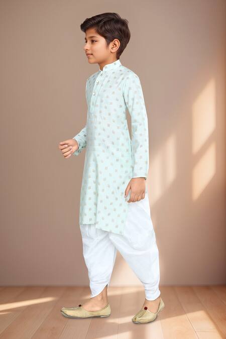 Petite Pomme_Green Brocade, Silk Embroidery Leaf Pattern Kurta Set_Online_at_Aza_Fashions