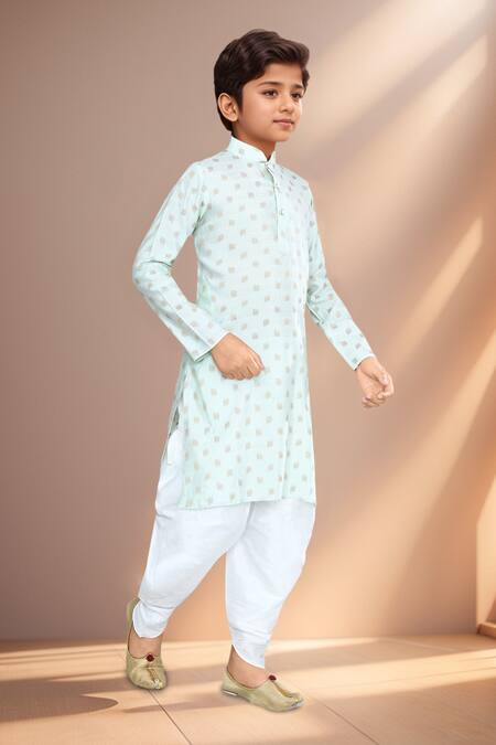 Shop_Petite Pomme_Green Brocade, Silk Embroidery Leaf Pattern Kurta Set_Online_at_Aza_Fashions