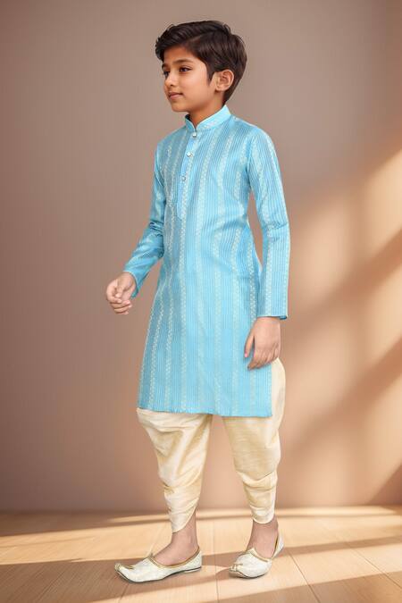 Shop_Petite Pomme_Blue Brocade, Silk Floral Stripe Woven Kurta Set_Online_at_Aza_Fashions