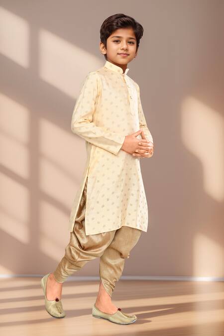 Buy_Petite Pomme_Cream Brocade, Silk Embroidery Falling Leaves Woven Kurta Set_Online_at_Aza_Fashions