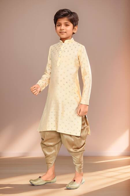 Shop_Petite Pomme_Cream Brocade, Silk Embroidery Falling Leaves Woven Kurta Set_Online_at_Aza_Fashions