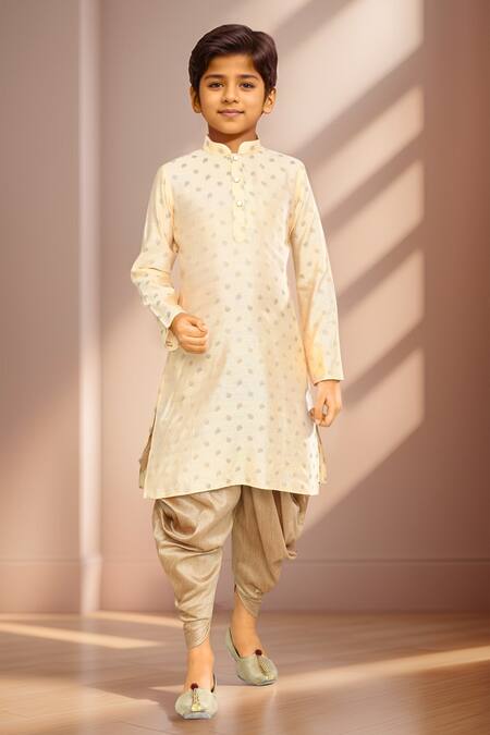 Petite Pomme_Cream Brocade, Silk Embroidery Falling Leaves Woven Kurta Set_at_Aza_Fashions