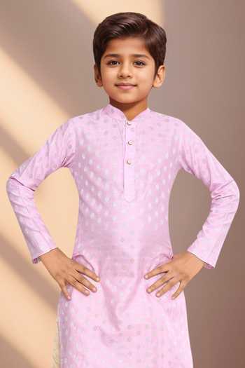 Petite Pomme Pink Brocade, Silk Geometric Woven Kurta Set Online at Aza Fashions Petite Pomme_Pink Brocade, Silk Geometric Woven Kurta Set _Online_at_Aza_Fashions