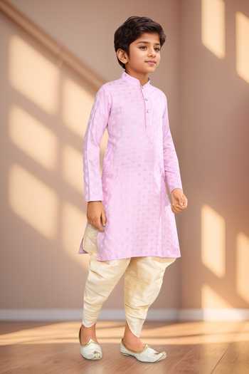 Shop Petite Pomme Pink Brocade, Silk Geometric Woven Kurta Set Online at Aza Fashions Shop_Petite Pomme_Pink Brocade, Silk Geometric Woven Kurta Set _Online_at_Aza_Fashions