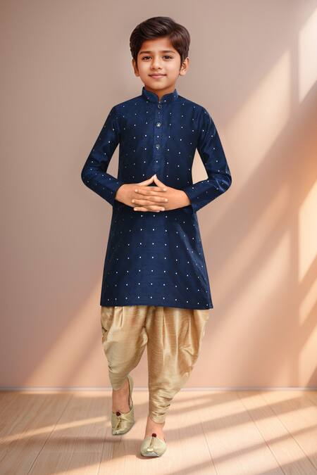 Petite Pomme_Blue Brocade, Silk Navy Woven Kurta And Gold Patiala Pant Set_Online_at_Aza_Fashions